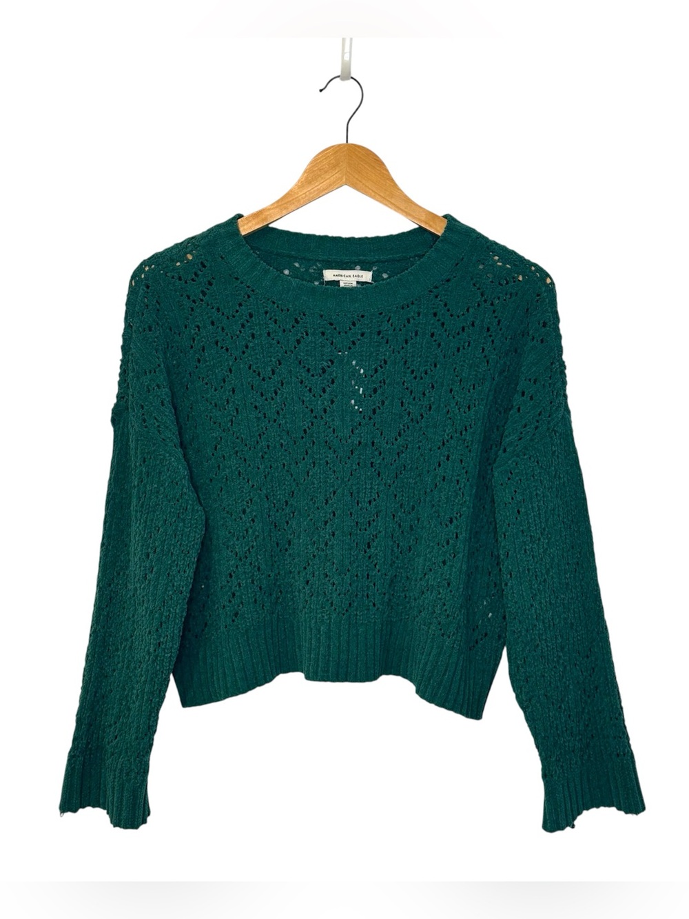 American Eagle Outfitters Casual Dark Teal Soft Open-Knit Crewneck Sweater